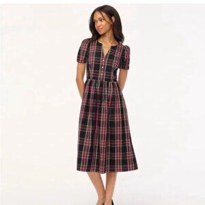 J. Crew Stewart Tartan Puff-Sleeve Midi Dress Black Red Green, Size 12